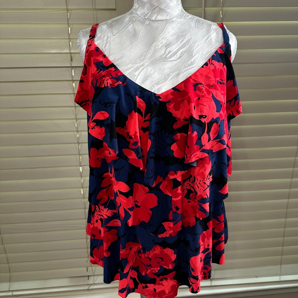 Aqua Green Tankini Top Plus Size 16W Navy Red Floral Ruffle Swimwear Beach Vacay